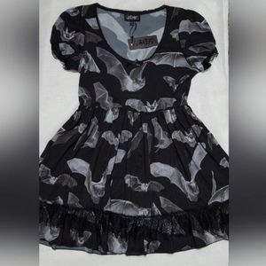 Dollskill Widow Chiffon Babydoll Lace Trim Bat Print Sheer Dress